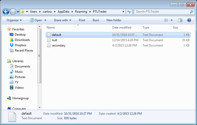 PTL Trader log files under Windows